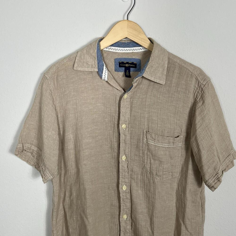 Club Room Mens Medium Beige Short Sleeve Linen Blend Gauze Button Up Shirt - Picture 3 of 6